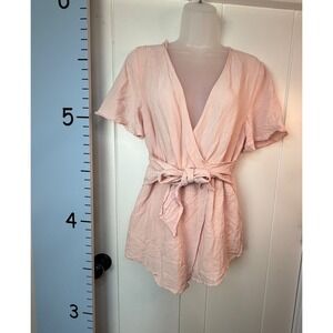 Stolen Hearts Pink Linen Skirt Romper Plunge Neck Waist Tie Short Sleeve Medium